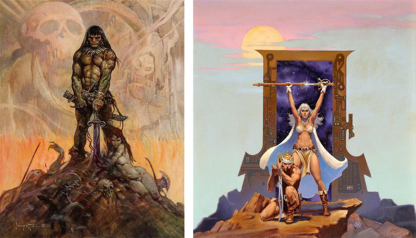 LEFT: A well-muscled, bare chested barbarian stands atop a mound with a naked damsel draped over one slope. His sword is planted in the ground with his fingers grasping the pommel. The scabbard slung low behind him is empty. The background is an abstract combination of a skull in the upper left and another hooded skull over a mountaintop castle on the right. A wall of flames rises on the horizon. RIGHT: A woman floats with ethereal grace over a massive control panel lit with a rainbow of smaller displays and buttons. Immediately behind her, a series of boxes rotates to form a t-shape. The blue cubes are set against a descending oval of flat black that dominates the top half of the painting. Just above the control panel, the background is filled with a cosmically clouded field of stars, a vivid range of blues accented with purple. Thin black lines radiate downward from the oval to the control panel, perhaps divisions in a grand viewport. The woman's face is captured in profile. Her arms are thrown out wide, giving her figure a sense of weightless motion. Her gown is pure 70s science fiction wardrobe with exaggerated collar and bell shaped sleeves. Stars bleed through from the background in the shadows of her dress. LEFT: A well-muscled, bare chested barbarian stands atop a mound with a naked damsel draped over one slope. His sword is planted in the ground with his fingers grasping the pommel. The scabbard slung low behind him is empty. The background is an abstract combination of a skull in the upper left and another hooded skull over a mountaintop castle on the right. A wall of flames rises on the horizon. RIGHT: A woman floats with ethereal grace over a massive control panel lit with a rainbow of smaller displays and buttons. Immediately behind her, a series of boxes rotates to form a t-shape. The blue cubes are set against a descending oval of flat black that dominates the top half of the painting. Just above the control panel, the background is filled with a cosmically clouded field of stars, a vivid range of blues accented with purple. Thin black lines radiate downward from the oval to the control panel, perhaps divisions in a grand viewport. The woman's face is captured in profile. Her arms are thrown out wide, giving her figure a sense of weightless motion. Her gown is pure 70s science fiction wardrobe with exaggerated collar and bell shaped sleeves. Stars bleed through from the background in the shadows of her dress.