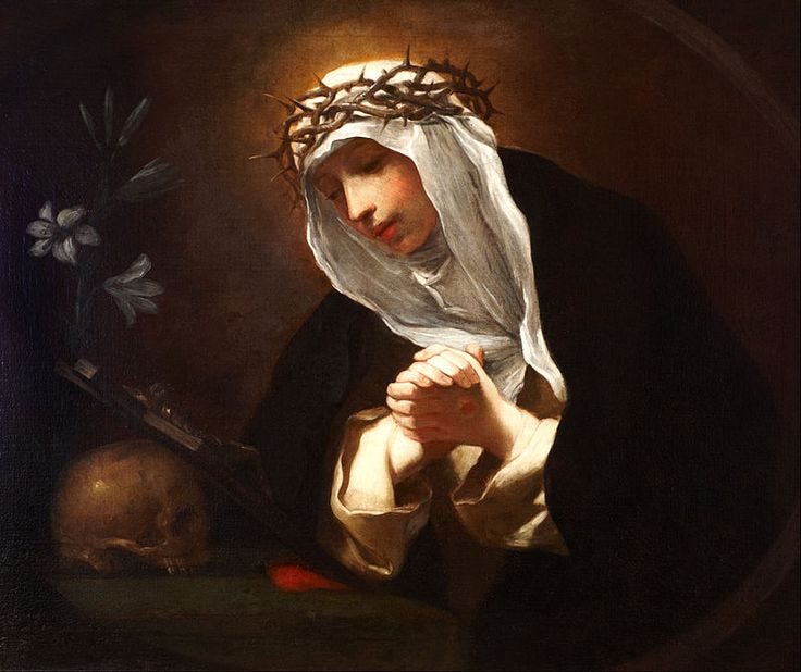 This may contain: a painting of a woman holding her hands together with the head of jesus in the background