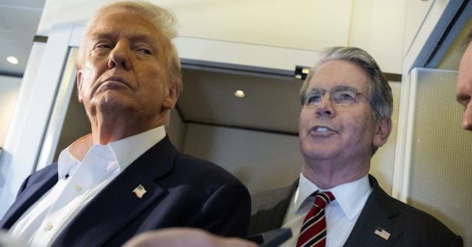 Treasury Secretary Scott Bessent speaks to reporters on Air Force One while standing between Donald Trump and Trade Representative Jamieson Greer