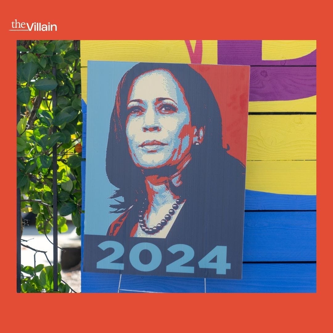 Kamala Harris 2024 sign in Chicago mimicking the 2008 Obama Hope design.