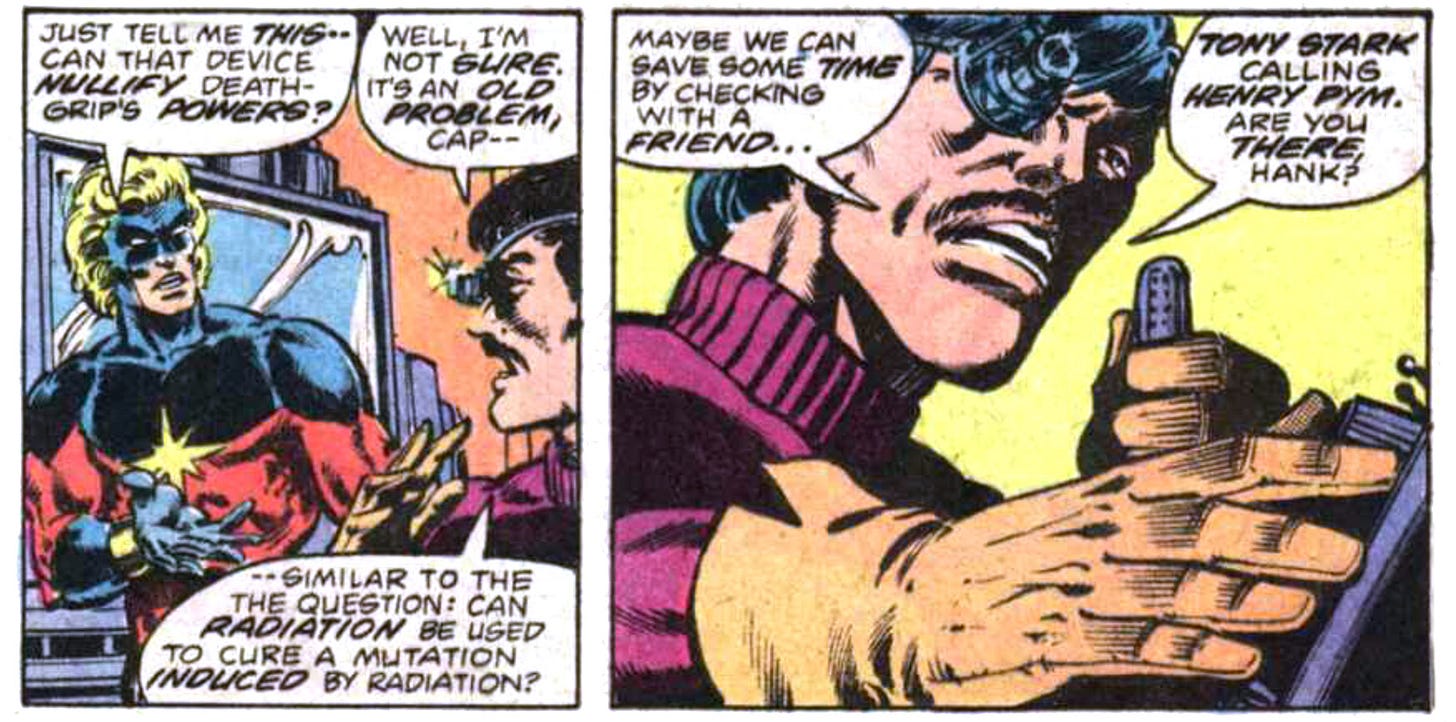 Captain Marvel and Tony Stark search for a cure for Deathgrip