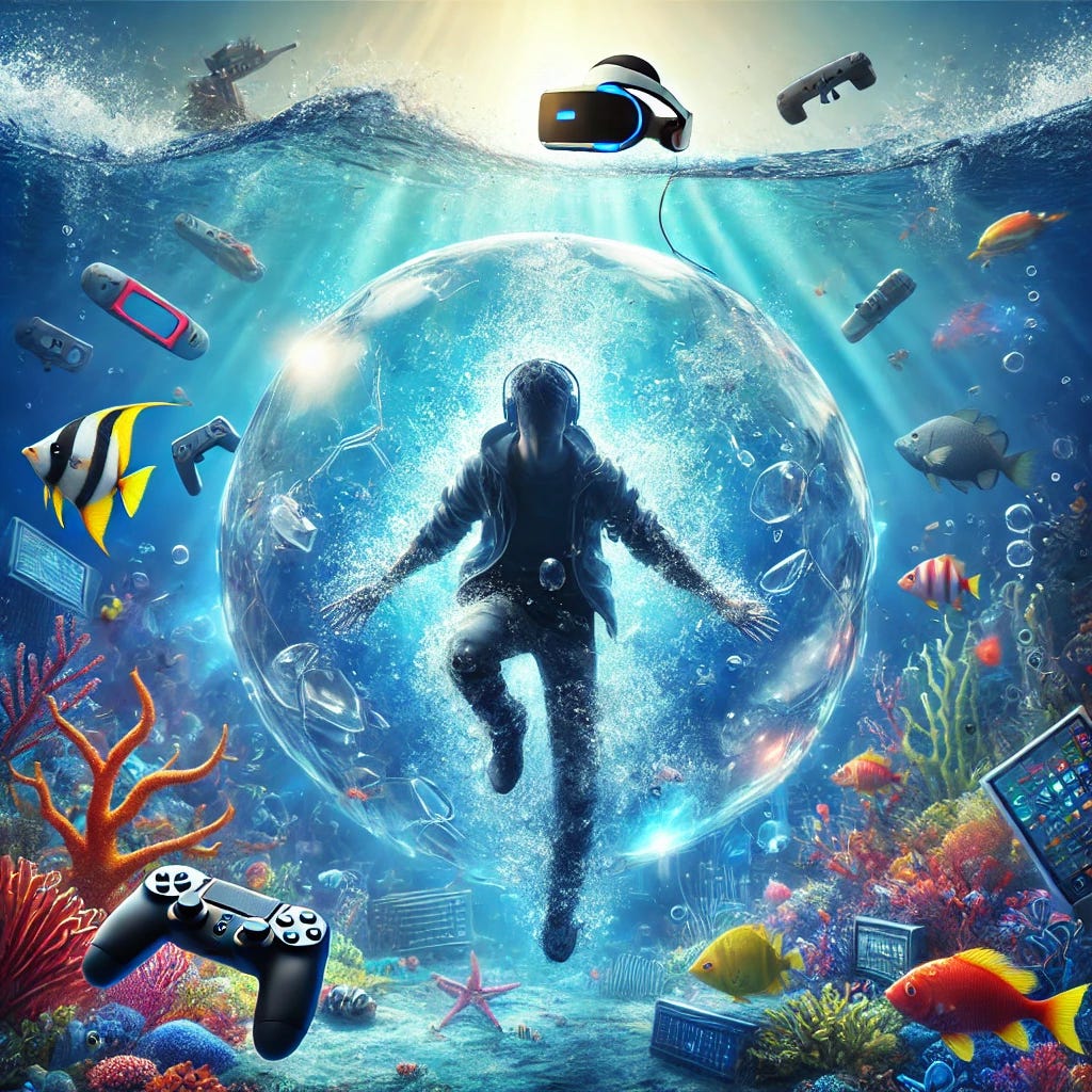 An underwater scene where a character is breaking free from a transparent bubble. The character is mid-action, with arms outstretched as the bubble shatters around them. Surrounding the character is a vibrant ocean filled with colorful fish, coral, and digital elements like gaming devices such as controllers, handheld consoles, and VR headsets subtly integrated into the environment. The water is a deep blue, with light rays filtering down, giving a sense of depth and exploration. The overall vibe is one of discovery, as if the character is stepping into a new territory filled with wonder and potential.