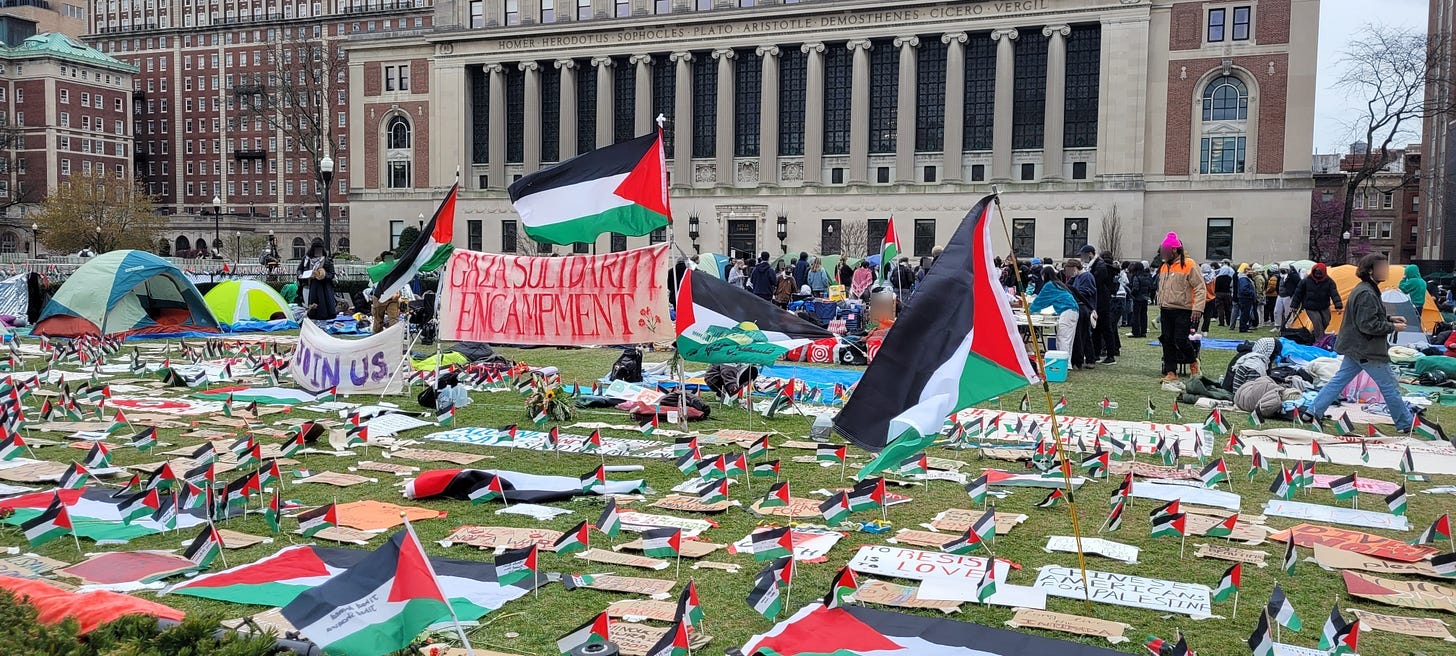 File:Columbia reinstated Gaza Solidarity Encampment Palestinian flags.jpg -  Wikimedia Commons