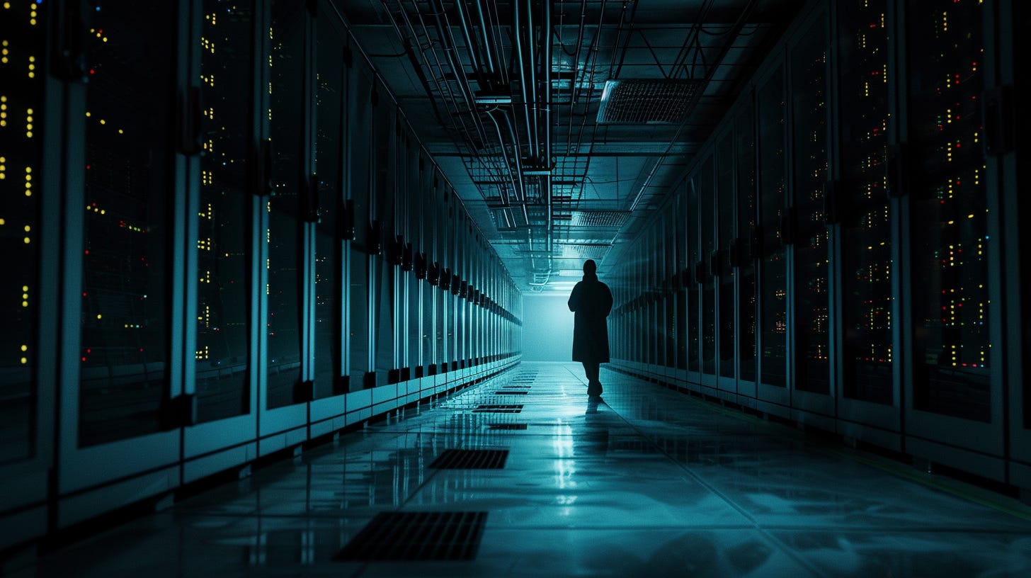 A lone figure in modern clothing stands at the edge of a vast, dimly lit server room that stretches endlessly into darkness, cables and towering racks of blinking machines surrounding them A lone figure in modern clothing stands at the edge of a vast, dimly lit server room that stretches endlessly into darkness, cables and towering racks of blinking machines surrounding them