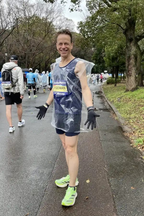 Marathon gear plus fashionable rain bag.