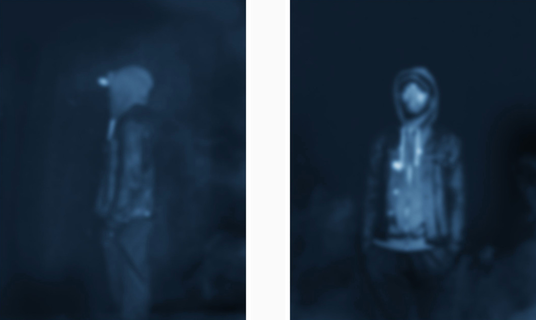 Two out of focus images of young black men wearing hoodies. The juxtaposed images are mostly dark blue and black on a white background.