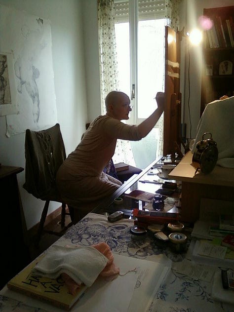 My first class. Trip to Zecchi, the famous art supplier in Venice. Drawing my way through chemo.