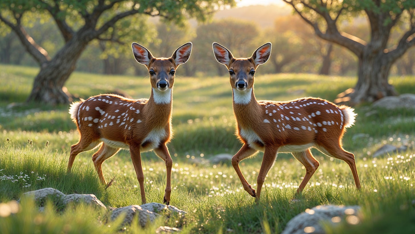 Beautiful Israelite forest meadow landscape, with two lovely young roe doe' twins standing in the center, looking at the camera. Depicting a concept for Song of Solomon 7:3 KJV. 