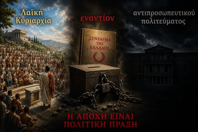 Μπορεί να είναι εικόνα κείμενο που λέει "Λαϊκή Κυριαρχία εναντίον αντιπροσωπευτι, πολιτεύματος Η ΑΠΟΧΗ ΑΠΟΧΗΕΙΝΑΙ EINAI"
