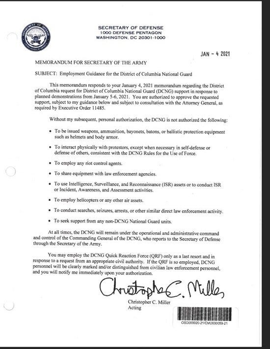Letter from acting Sec. of Defense giving Jan.6 limits on National Guard Letter from acting Sec. of Defense giving Jan.6 limits on National Guard