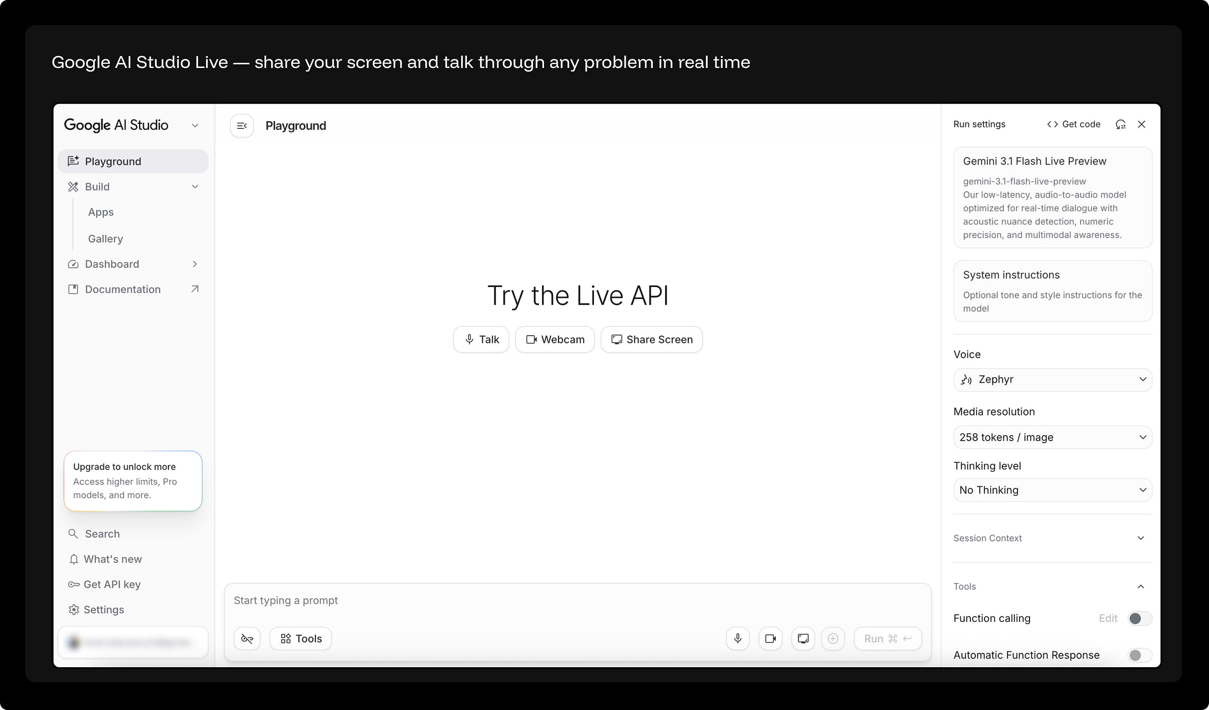 oogle AI Studio Playground showing "Try the Live API" with three input mode buttons — Talk, Webcam, Share Screen — powered by Gemini 3.1 Flash Live Preview with voice, media resolution, and thinking level settings. oogle AI Studio Playground showing "Try the Live API" with three input mode buttons — Talk, Webcam, Share Screen — powered by Gemini 3.1 Flash Live Preview with voice, media resolution, and thinking level settings.