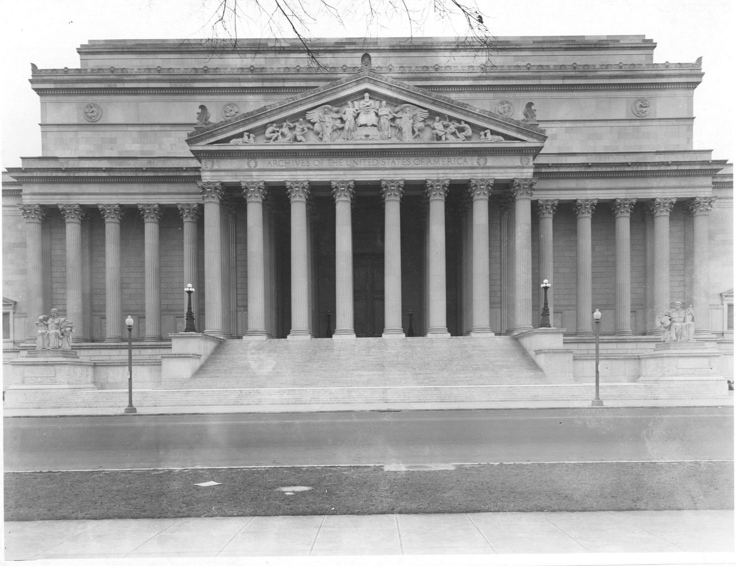 Photograph of the National Archives Building Constitution Avenue Entrance Portico and Pediment - a neoclassical building