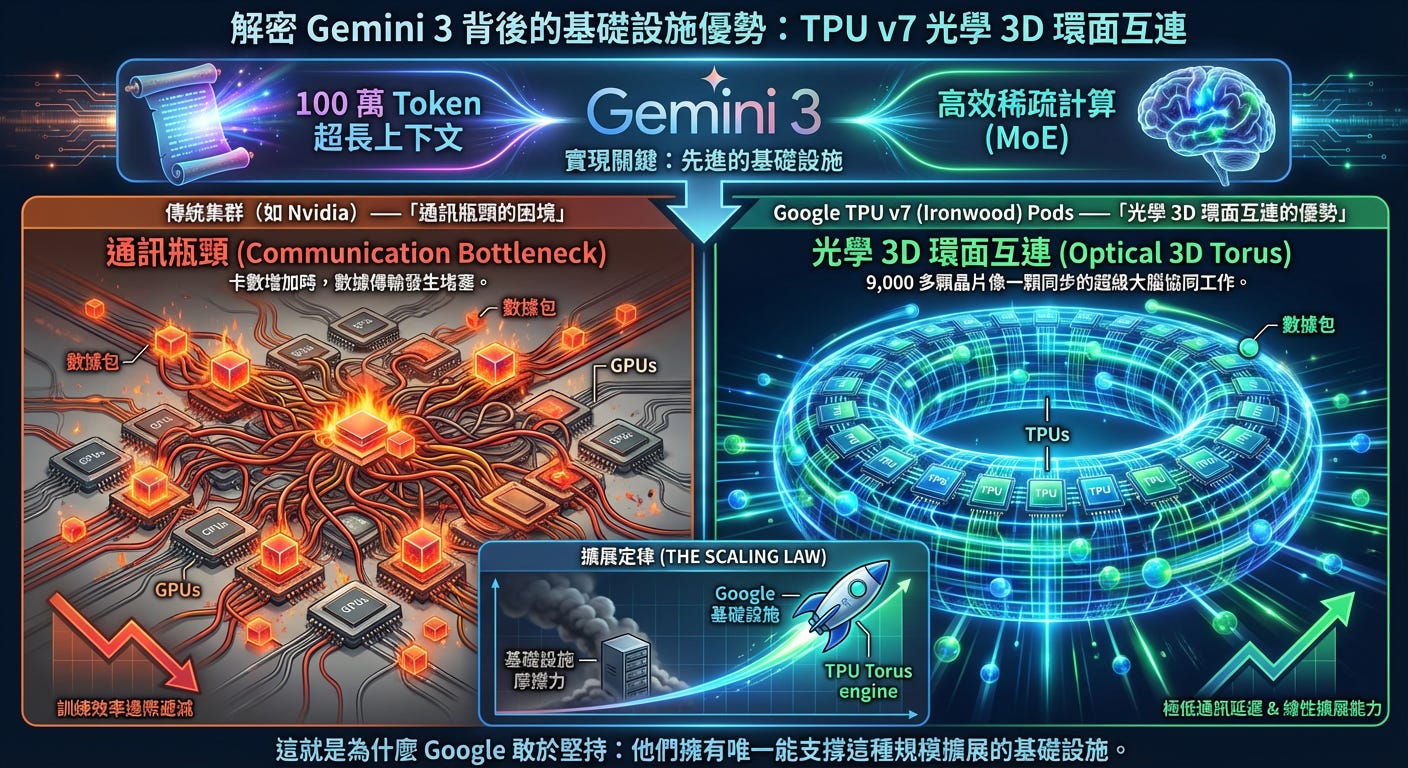 Please generate an infographic base on below  Gemini 3 TPU v7  3D  GoogleTPU    (Gemini 3)()  Google TPU Pods   ()1 Gemini 3   Gemini 3  100  Token   (MoE) 2 ( Nvidia)   GPU (GPUs) GPU () () (Communication Bottleneck)Google TPU v7 (Ironwood)_image_1