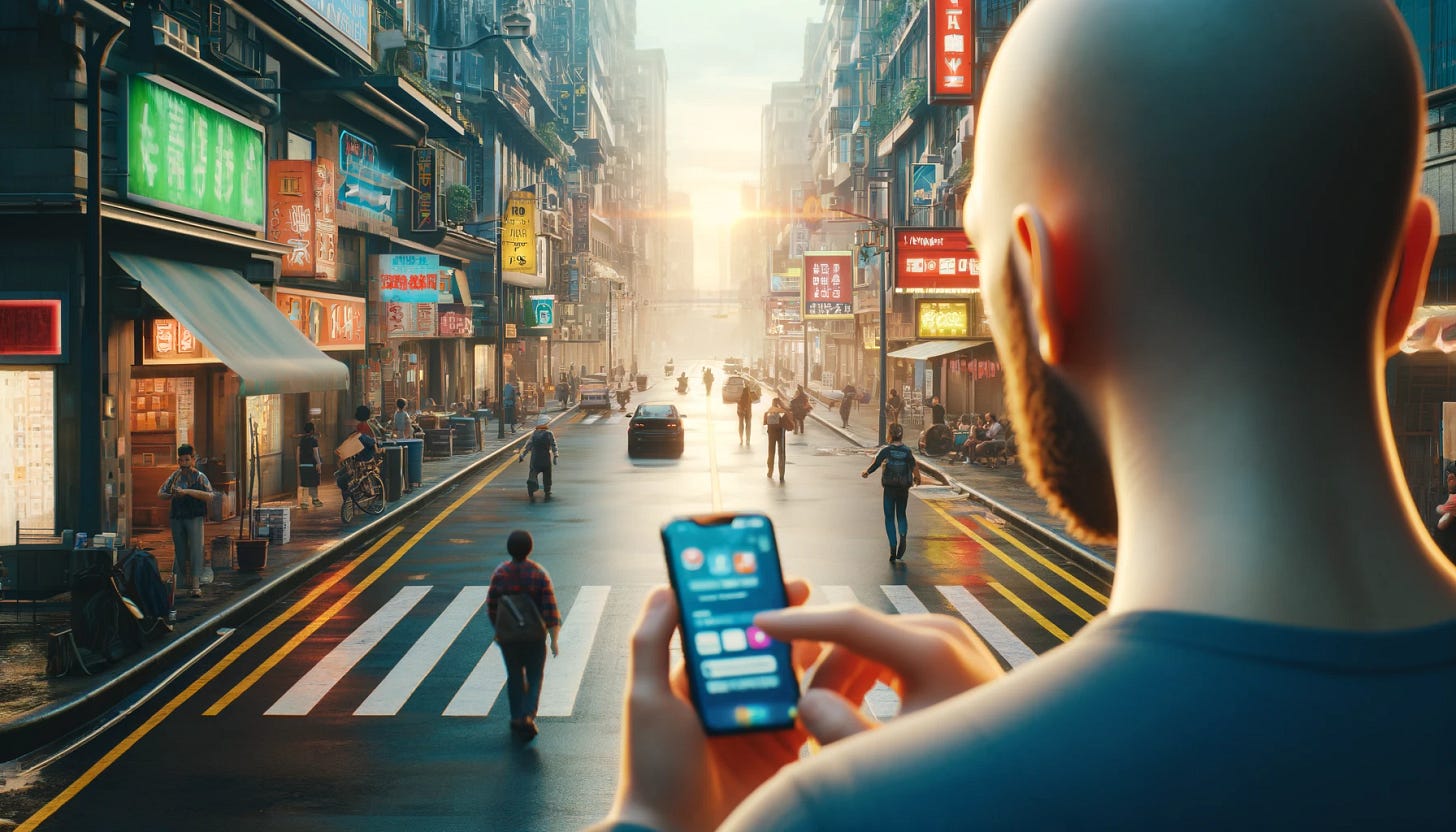 An over the shoulder shot of a man with a beard and a bald head using a phone on a brightly lit busy street.