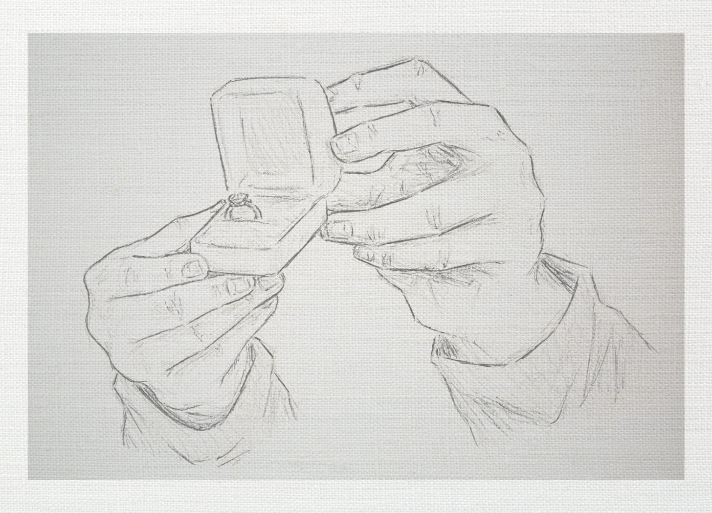 Pencil sketch on linen with two hands holding a ring box displaying ring Pencil sketch on linen with two hands holding a ring box displaying ring