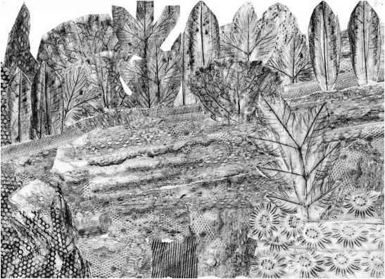 This may contain: a black and white drawing of trees in the woods