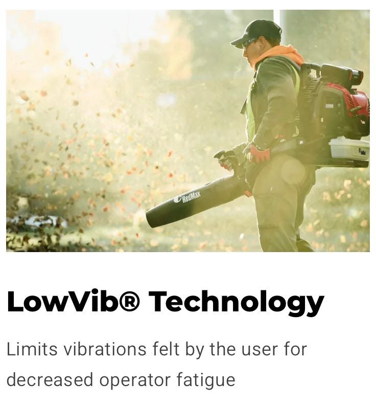 RedMax leaf blower ad with giant blower end  projecting from a workman's lower torso