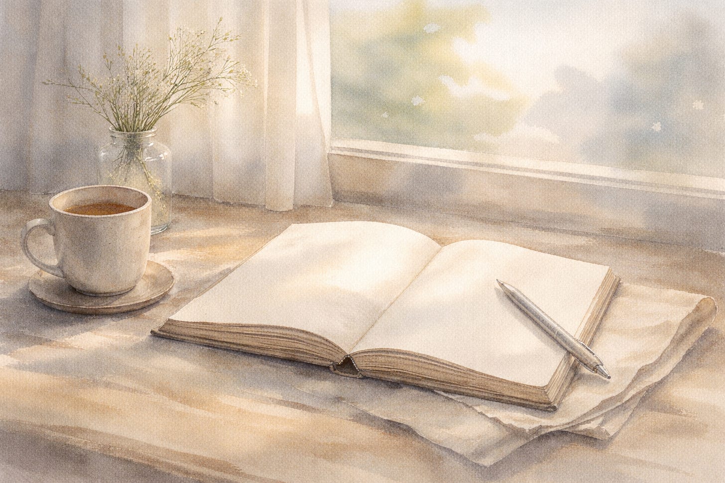 Soft watercolor of an open journal and pen by a sunlit window with a cup of tea, symbolizing moving forward through gentle reflection, clarity, and intentional planning. Soft watercolor of an open journal and pen by a sunlit window with a cup of tea, symbolizing moving forward through gentle reflection, clarity, and intentional planning.