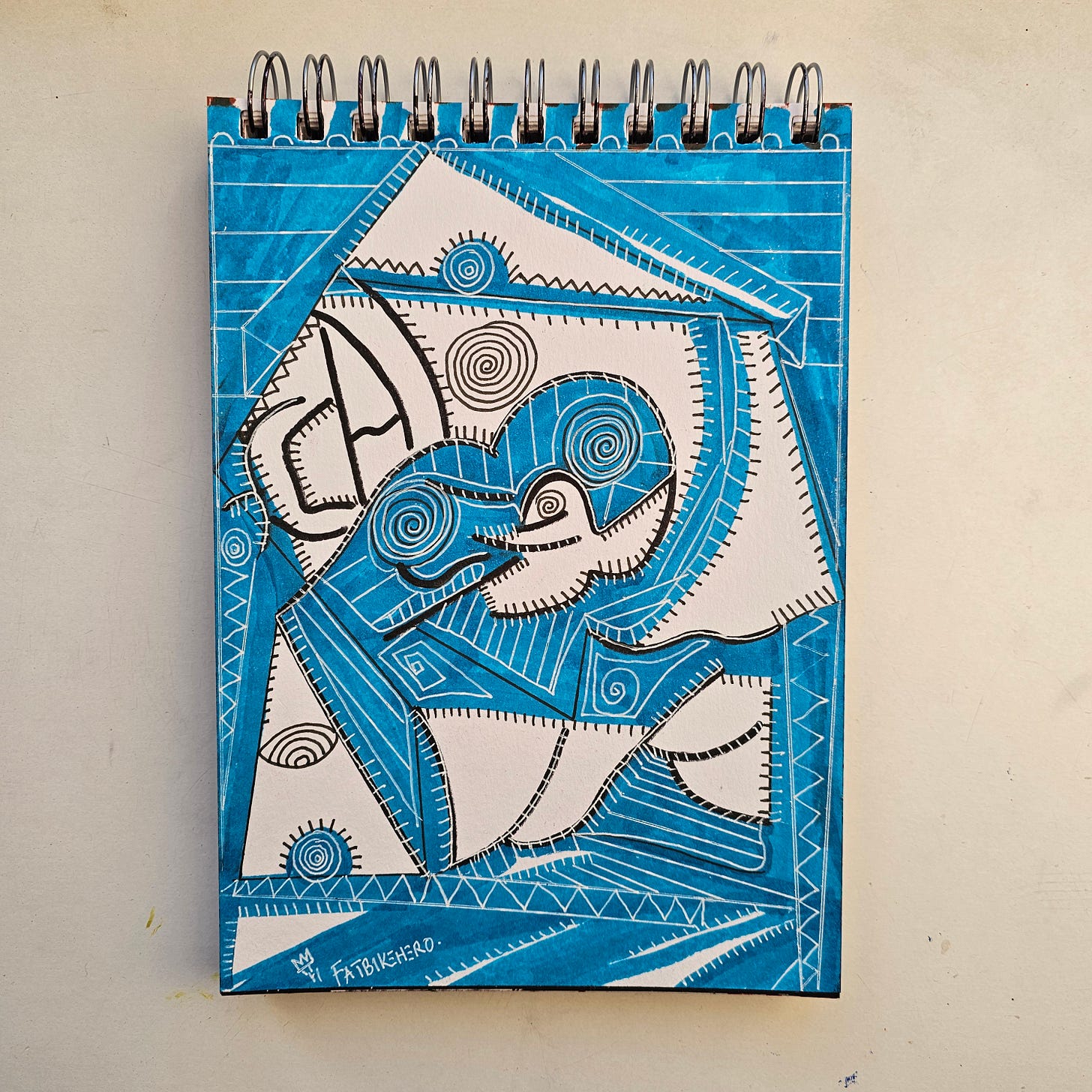 A vertical sketchbook drawing by FatbikeHero rendered entirely in shades of blue and white. The abstract composition features a central, fragmented figure entangled in geometric patterns, spirals, and stitched lines. The background is washed in blue, creating a dense, atmospheric effect that evokes a digital fog or tide. A vertical sketchbook drawing by FatbikeHero rendered entirely in shades of blue and white. The abstract composition features a central, fragmented figure entangled in geometric patterns, spirals, and stitched lines. The background is washed in blue, creating a dense, atmospheric effect that evokes a digital fog or tide.