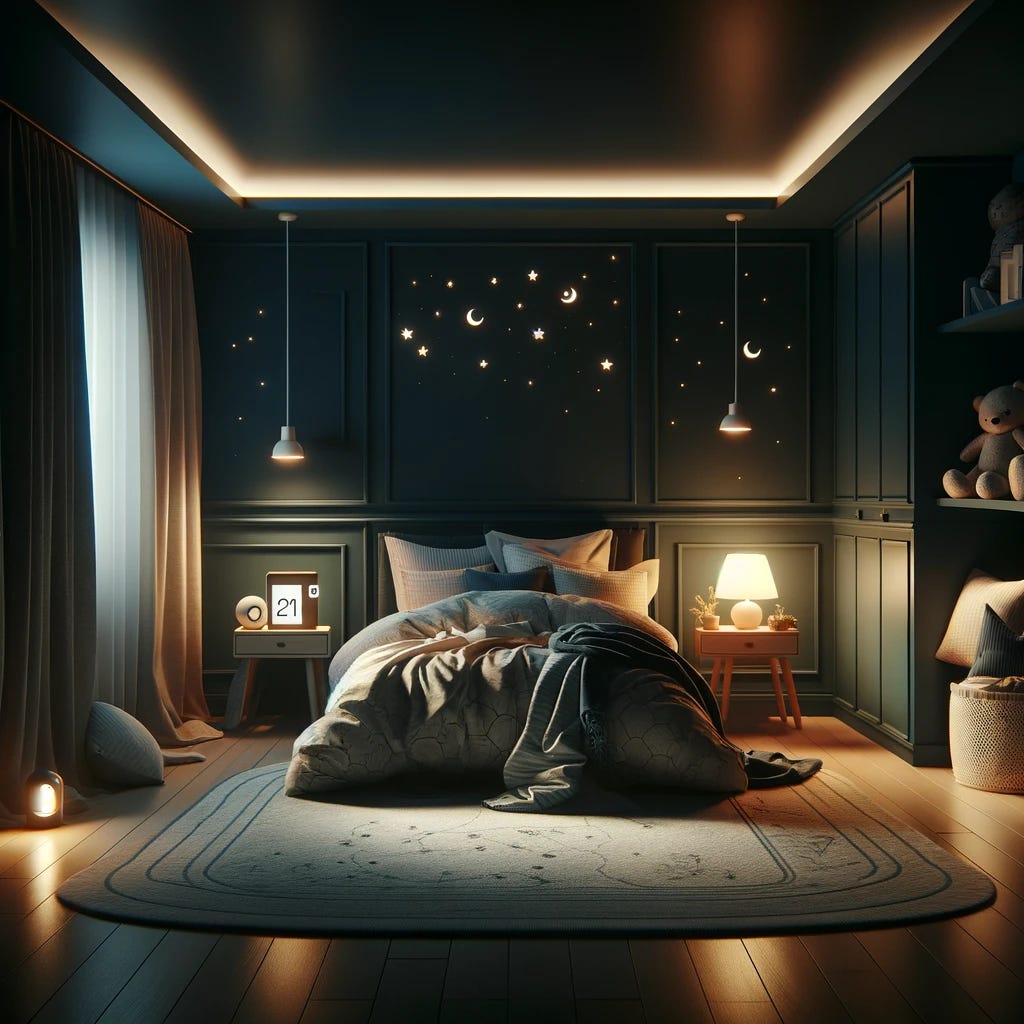 Imagine a child's bedroom designed for the perfect night's sleep, where the ambiance is dark and incredibly cozy. The room is painted in deep, soothing colors that absorb light, enhancing the feeling of nighttime serenity. A comfortable bed sits in the center, covered with soft bedding and surrounded by plush pillows, creating an inviting nest for sleep. The room is dimly lit by a small, warm light, casting a gentle glow that doesn't disturb the peaceful dark. On a nearby nightstand, a digital thermometer is prominently displayed, showing a temperature of 21 degrees Celsius, ensuring the room is kept at an ideal comfort level for sleeping. Soft, thick curtains are drawn closed, blocking out any external light and contributing to the room's tranquil atmosphere. The space is meticulously organized to minimize clutter, fostering a sense of calm and relaxation essential for a restful night.