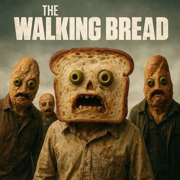 This may contain: the walking bread movie poster with three creepy looking people standing in front of an open face toaster