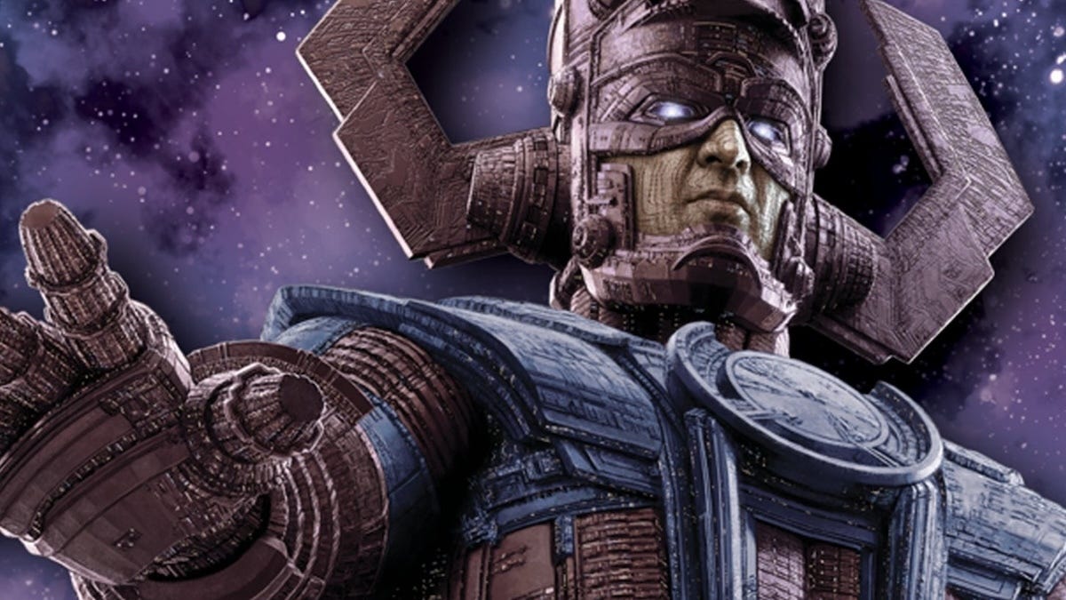 illustration of Galactus, the towering cosmic being in blue and purple armor, reaching forward against a star-filled space background.