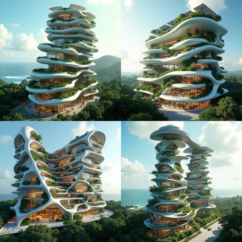 A futuristic commercial building in Jamaica with sleek, flowing lines and bold architectural shapes. Imagine a towering, multi-story structure crafted from reflective glass and steel, curving organically to blend seamlessly with the surrounding landscape. Solar panels line the roof, reflecting the Caribbean sunlight while powering the building. Lush vertical gardens climb its walls, and sky bridges connect the towers at various levels, creating an airy, open feel. Shops and restaurants fill the lower floors, while rooftop terraces offer panoramic views of Jamaica's coastline. The structure embodies sustainability, innovation, and the tropical essence of Jamaica.