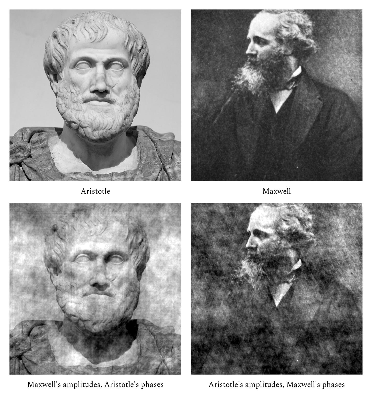 Aristotle’s bust and Maxwell, then two grainy swaps: each face rebuilt from the other’s amplitudes and its own phases.