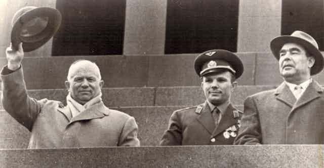 Soviet leader NIkita Kruschev, left, with cosmonaut Yuri Gagarin, centre, and Leonid Brezhnev, right. Soviet leader NIkita Kruschev, left, with cosmonaut Yuri Gagarin, centre, and Leonid Brezhnev, right.