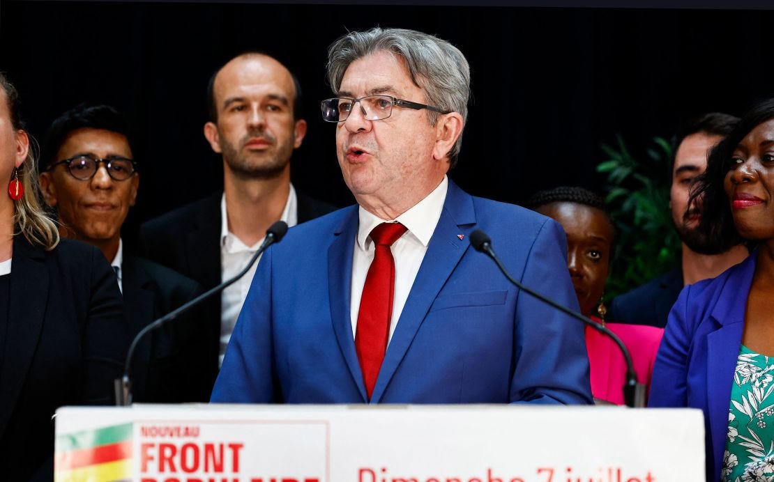Jean-Luc Mélenchon, leader of France Unbowed, delivers an election night speech at the party headquarters in Paris. Jean-Luc Mélenchon, leader of France Unbowed, delivers an election night speech at the party headquarters in Paris.