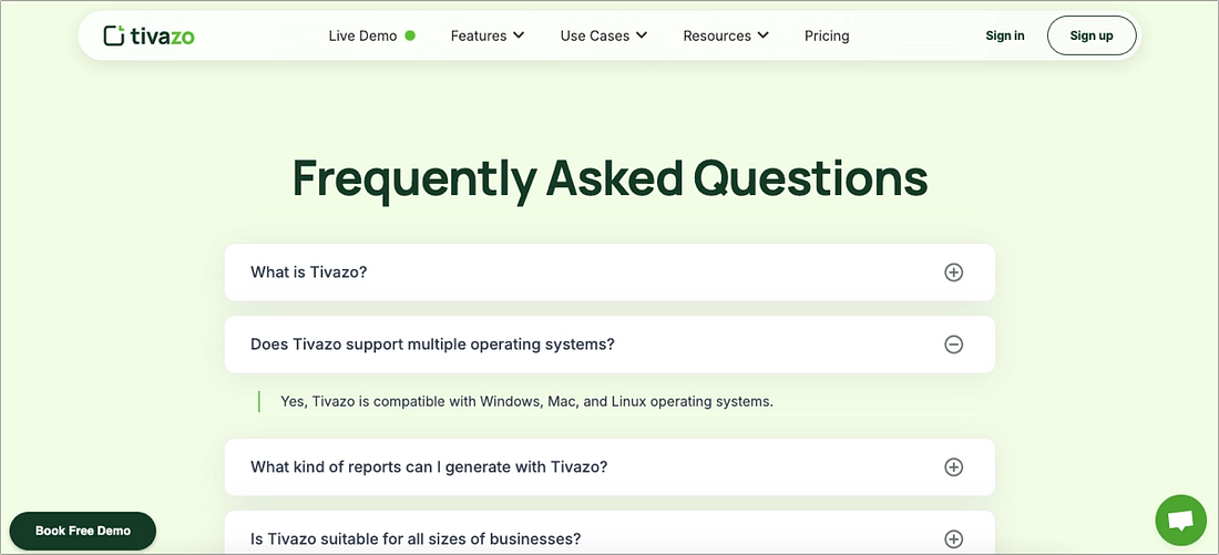 SaaS landing page FAQ section with expandable questions covering product details, compatibility, reporting, and business suitability. SaaS landing page FAQ section with expandable questions covering product details, compatibility, reporting, and business suitability.