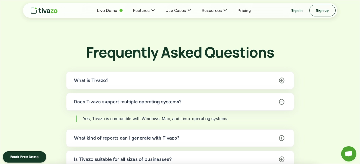 SaaS landing page FAQ section with expandable questions covering product details, compatibility, reporting, and business suitability.