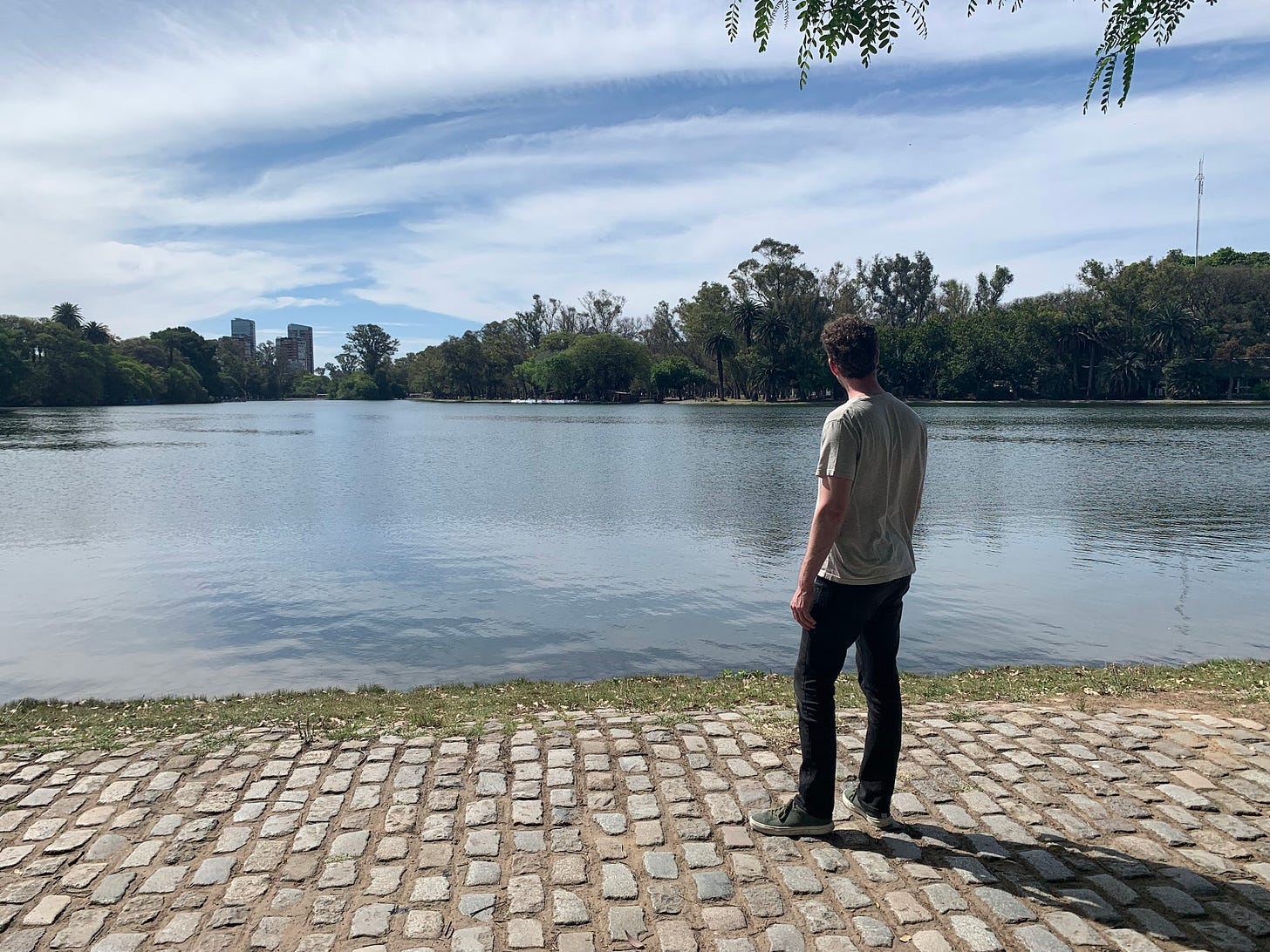 A white man in a t-shirt and jeans looks out a lake surrounded by vegetation and buildings