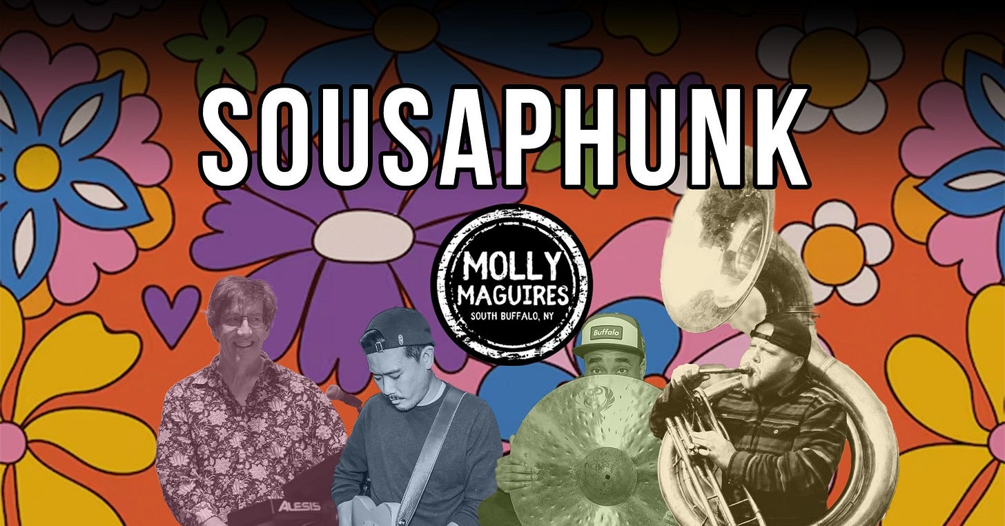 May be pop art of text that says 'び SOUSAPHUNK MOLLY MAGUIRES SOUTH BUFFALO, SOUTHBUFFALO,N NY 代 Buffalo ALESIS'