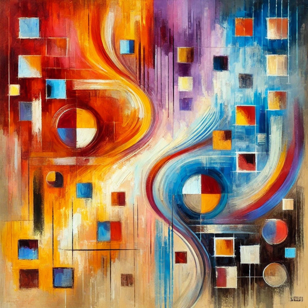 An abstract painting expressing the concept of introversion and extroversion, and the balance between authenticity and social connection. The artwork should feature bold, playful shapes and vibrant contrasting colors to represent the energy of extroversion (warm reds, oranges, and yellows) merging with the calm depth of introversion (cool blues, purples, and greens). Use flat, layered textures with visible brushstrokes to show motion and energy. Include overlapping organic and geometric shapes that represent social connections and weak ties. The composition should feel dynamic yet comforting, evoking joy, spontaneity, and emotional depth in a square format.
