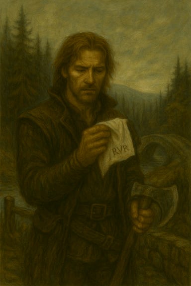 A white handkerchief embroidered with the initials R.V.R. rests in Greegan's hand as he stands on the Luna River bridge. Greegan, visually inspired by Matt Ryan, wears travel-worn leathers and a weathered cloak. His hand is rough and calloused, holding the delicate cloth with unexpected care. The bridge is ancient stone, arched over the silver-gliding Luna River, with mist curling around its base. Sunlight filters through the trees, casting dappled light across the scene. The atmosphere is quiet, poignant, and filled with mystery.