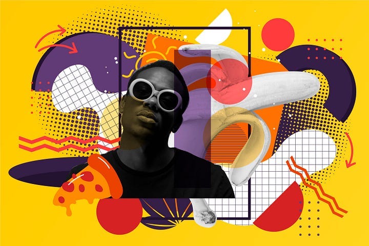 A colorful collage of diverse elements over a yellow background.