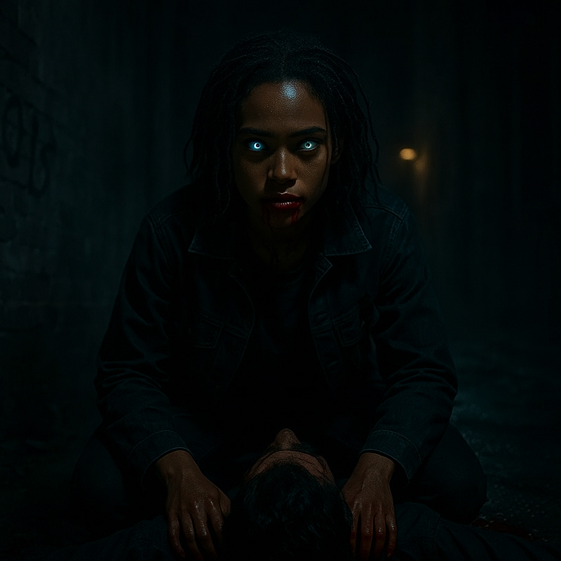 A supernatural young Black woman with glowing metallic eyes straddles the lifeless body of a man in a dark alley. Blood stains her lips and hands. Her expression is intense - not remorseful, not joyful - just present, animal and unblinking, caught between predator and protector. A single, distant alley light glows faintly behind her, barely illuminating the brick walls and damp ground.