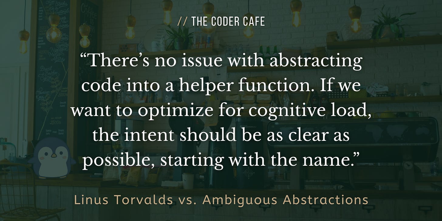 There’s no issue with abstracting code into a helper function. If we want to optimize for cognitive load, the intent should be as clear as possible, starting with the name.