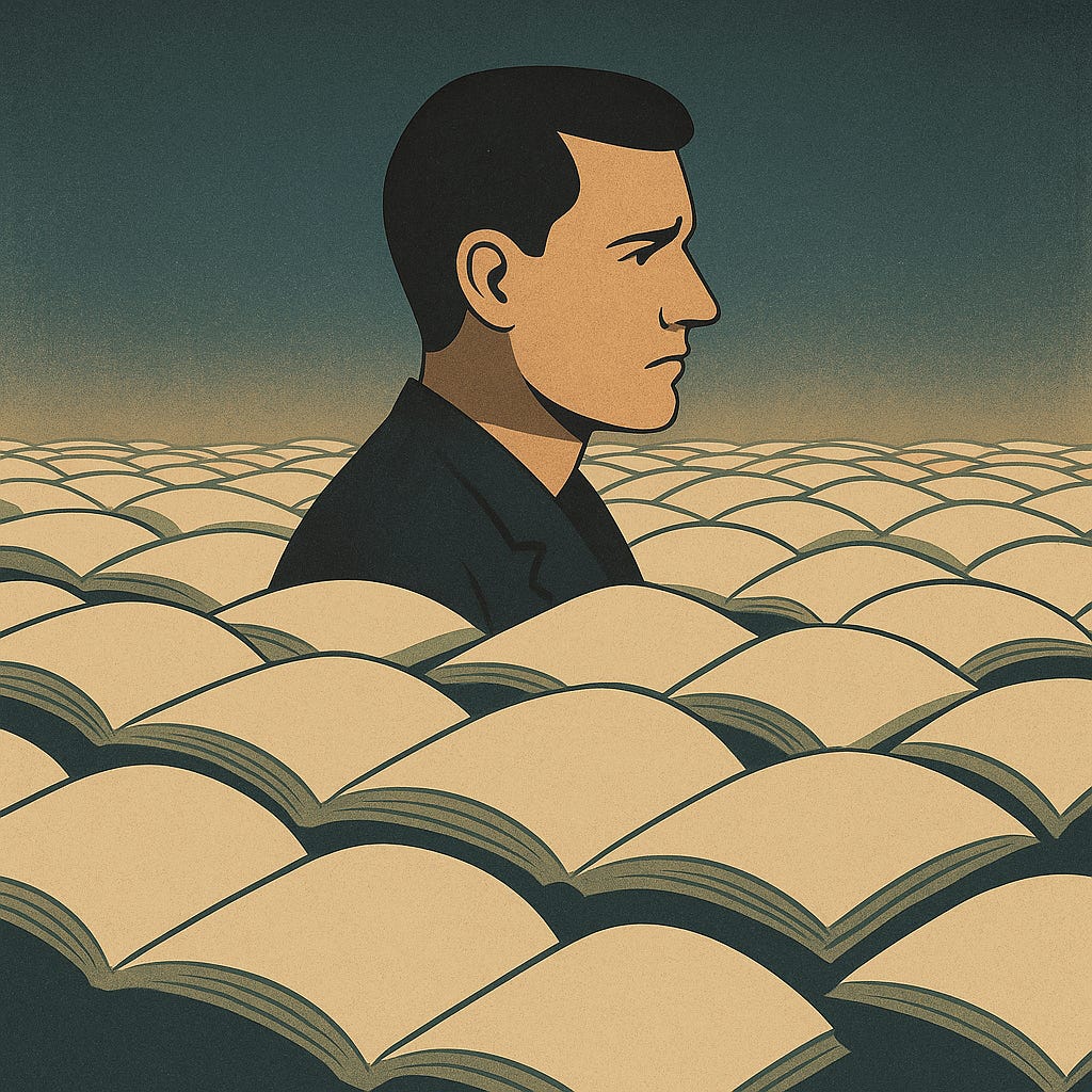 A minimalist surreal illustration of a human figure standing before a vast, shifting horizon where the ground appears to dissolve into fragments of symbols and letters, representing the erosion of meaning in modern life.