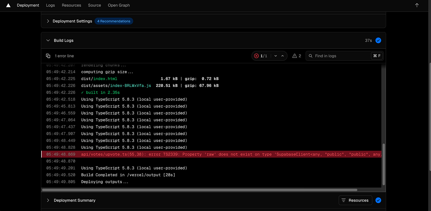 The Vercel interface shows a list of build logs with a red line indicating a code error. The Vercel interface shows a list of build logs with a red line indicating a code error.