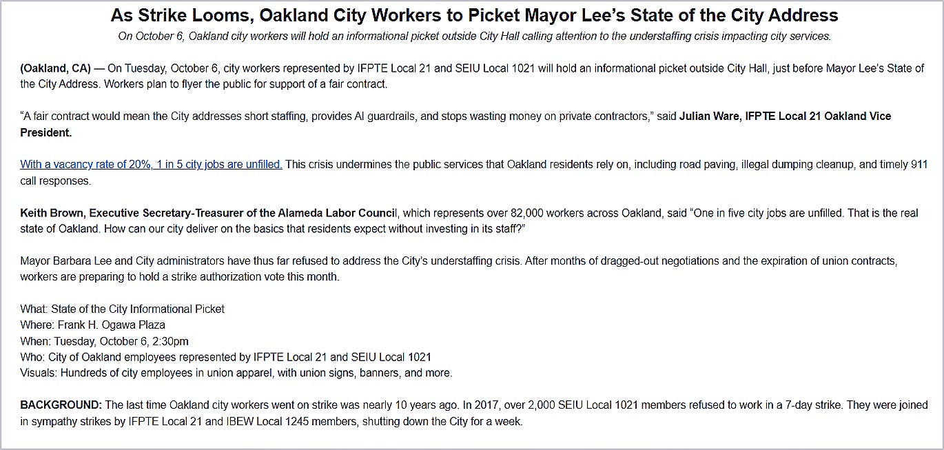 Public sector unions IFPTE Local 21 and SEIU Local 1021 announced plans to picket mayor Barbara Lee’s state of the city speech on Tuesday, Oct. 6.