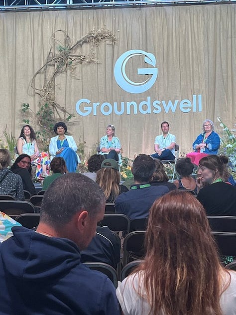 Scenes from Groundswell including the Big Top events tent, a snippet from the written programme and a speakers on stage.