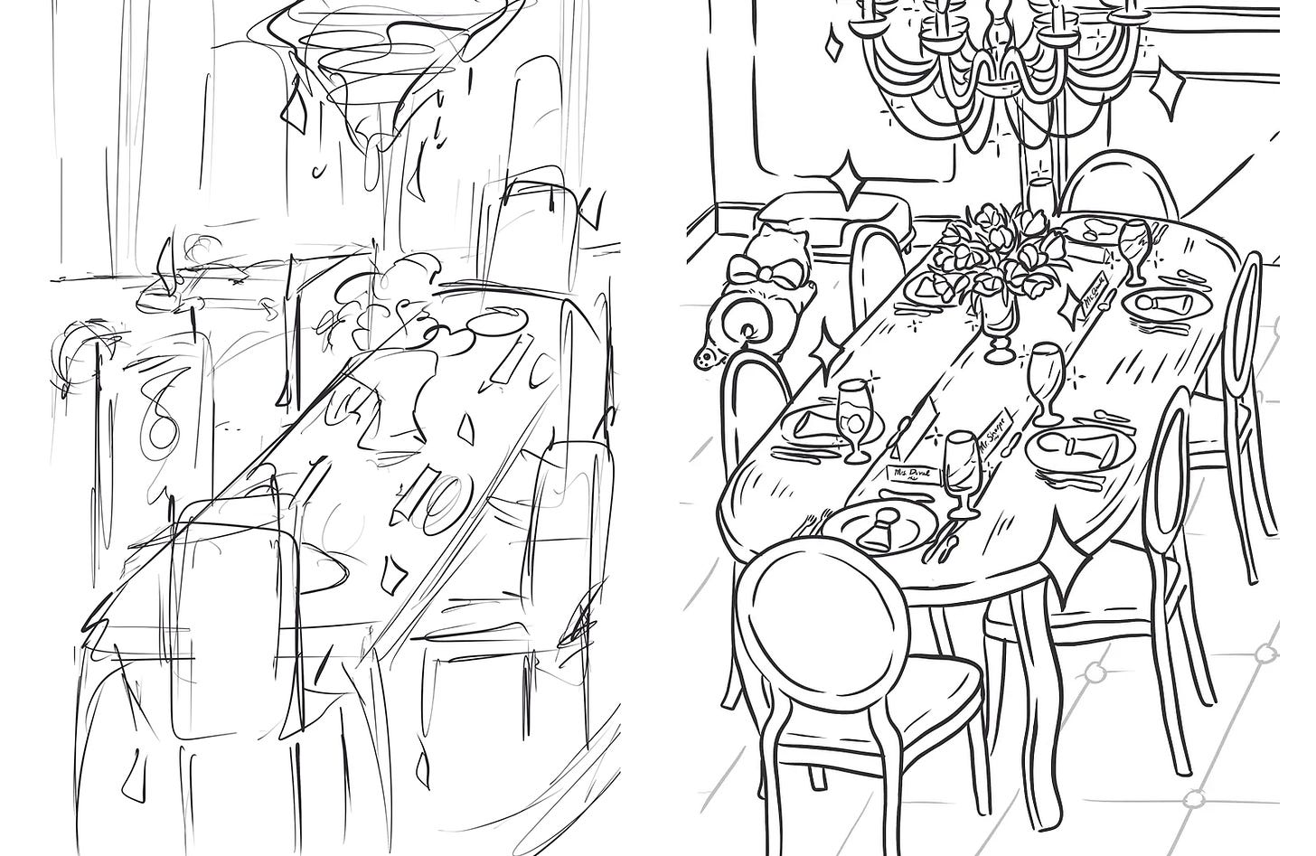 Process image of rough sketch then detailed line art of a fancy table setting in the book, Cramming Process image of rough sketch then detailed line art of a fancy table setting in the book, Cramming
