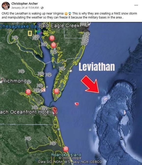 A Facebook post about a leviathan waking up near Virginia. It reads, "OMG the Leviathan is waking up near Virginia 😳😱 This is why they are creating a FAKE snow storm and manipulating the weather so they can freeze it because the military bases in the area."