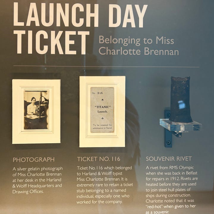 On the left: Launch day ticket No. 116, which admitted 20-year-old Harland & Wolff typist Charlotte Brennan to the stands at Titanic's bow (as displayed at Titanic Belfast). On the right: The Titanic slipway today, seen from Titanic Belfast. The faint white lines in the paving trace the outline of the ship on the spot where she was built.