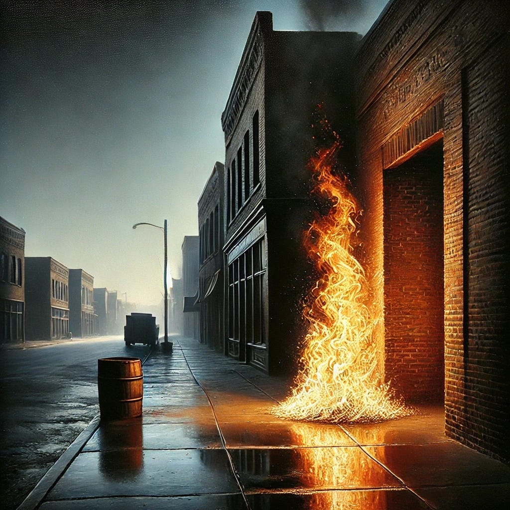 Image of a fire burning on a sidewalk in front of a brick building.