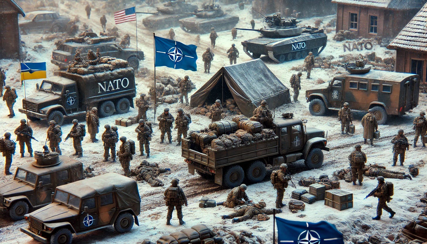A scene of soldiers in NATO uniforms deploying near Ukraine's borders. The image features a snowy or rugged terrain with military vehicles, tents, and NATO flags. Soldiers are shown in action, unloading supplies or preparing for operations. The atmosphere is tense, with a focus on readiness and strategy.