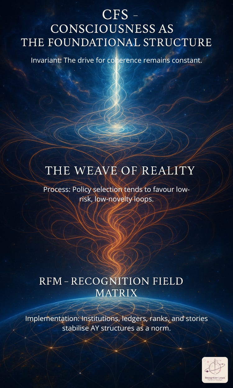 An abstract cosmic illustration of a luminous thread of energy weaving through space, symbolising the flow of consciousness as the foundational structure (CFS). At the top, light spirals upward into the universe; in the middle, fiery orange strands form a weave; at the bottom, the strands ground into a glowing recognition grid across the Earth.