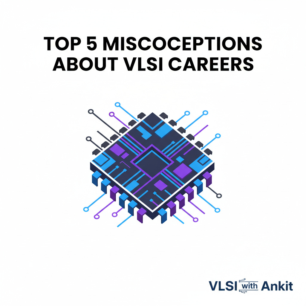 Minimalist VLSI career misconceptions poster with chip illustration.